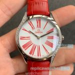 Swiss Clone Omega De Ville Ladies Watch White Dial With Red Roman Markers